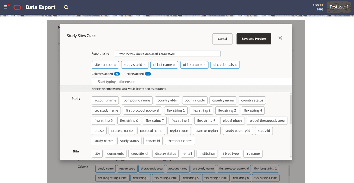 Data Export Utility column selection