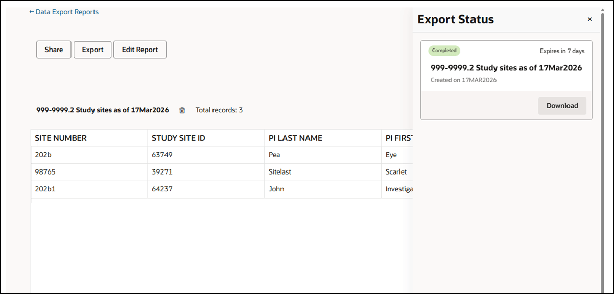 Export feature with open Export Status drawer