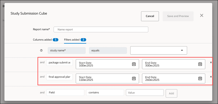 Study Submissions Cube showing two date filters with Start Date and End Date selectors