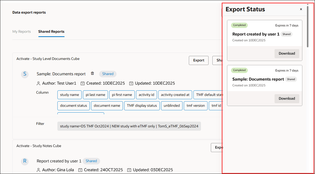 Data Export Utility Shared Reports tab showing and open Export Status drawer with two completed exports and active Download buttons