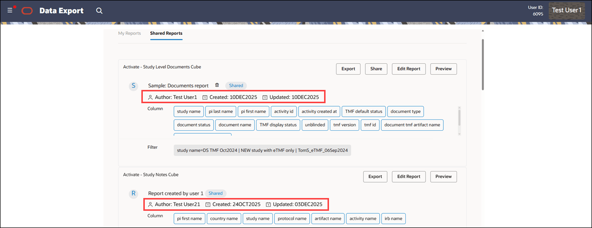 Data Export Utility report showing the report author name and created at and updated by dates