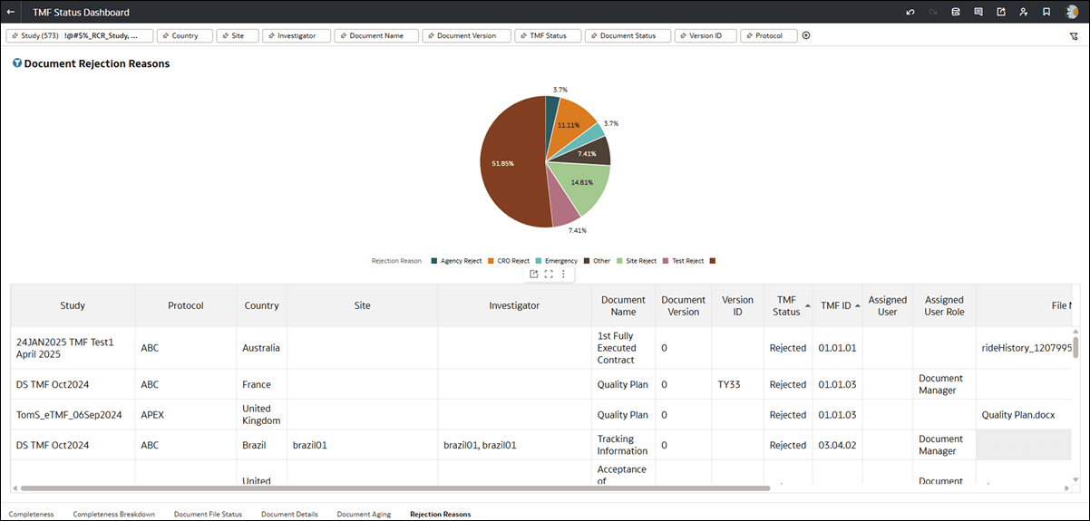 TMF Status Dashboard Rejection Reasons worksheet
