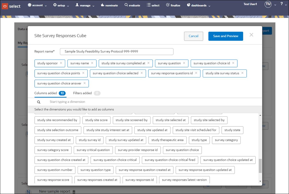 Set export columns and filters