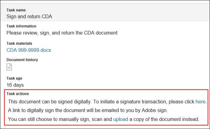 CDA task panel in Oracle Site Select LITE with task action text