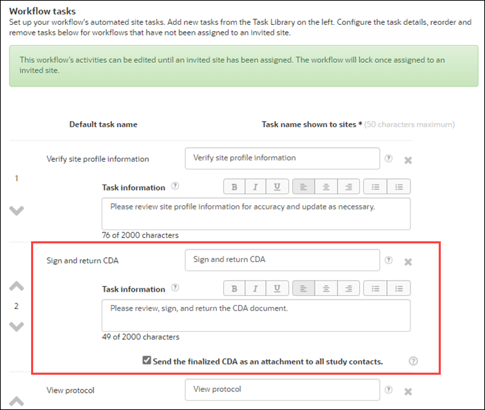 CDA workflow task configuration options