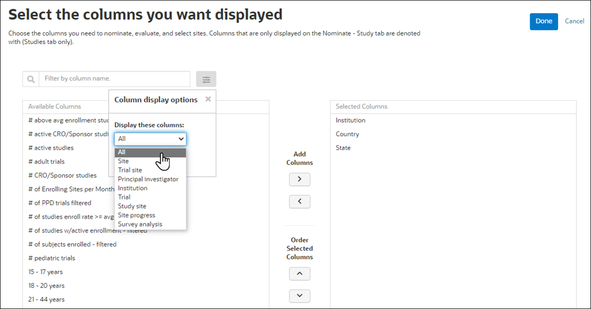 Choose columns to display in site grid Choose columns to display in site grid