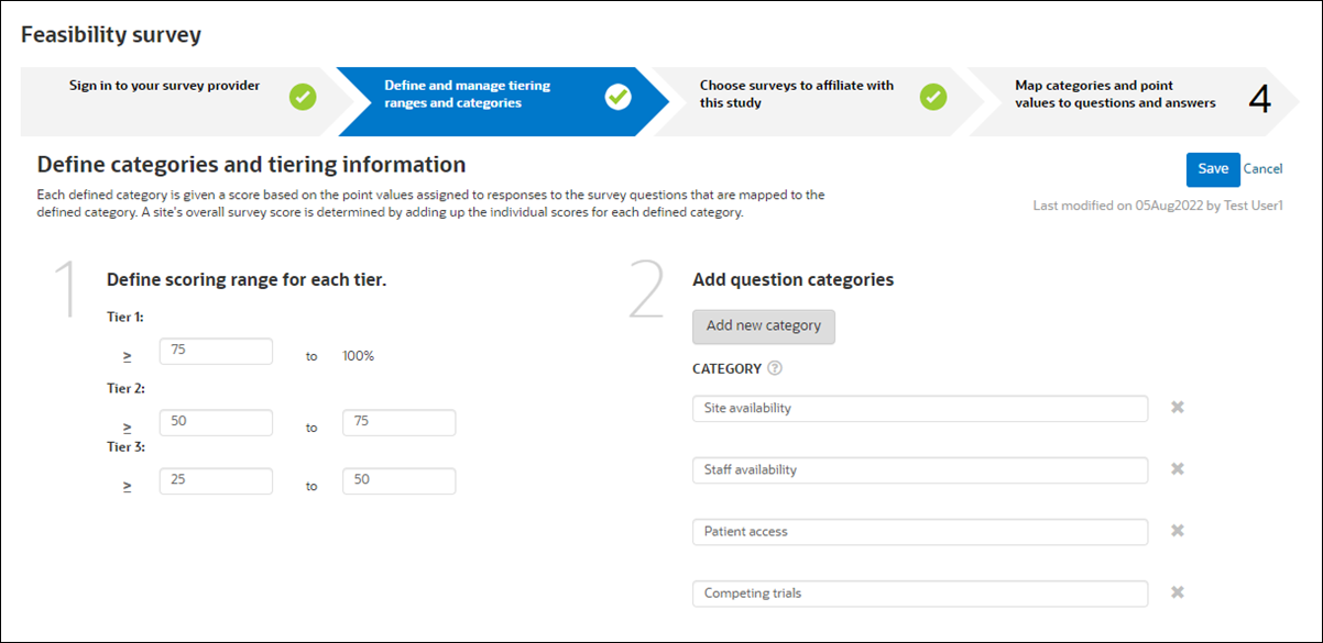 Define feasibility survey tiers and categories Define feasibility survey tiers and categories