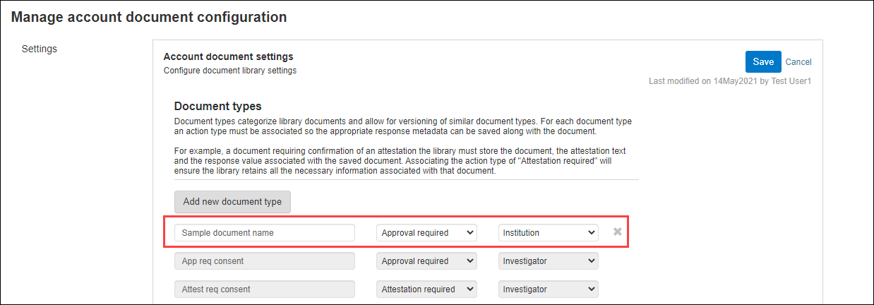 Specify Document name, Action, and Scope when adding a new document type