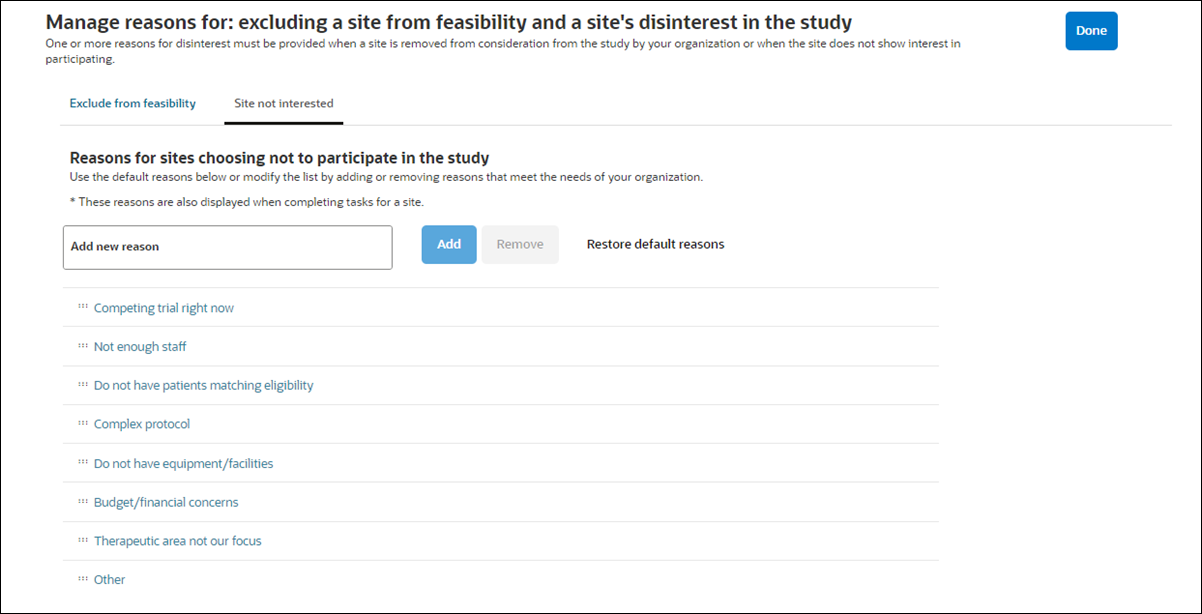 Manage disinterest reasons for a study Manage disinterest reasons for a study