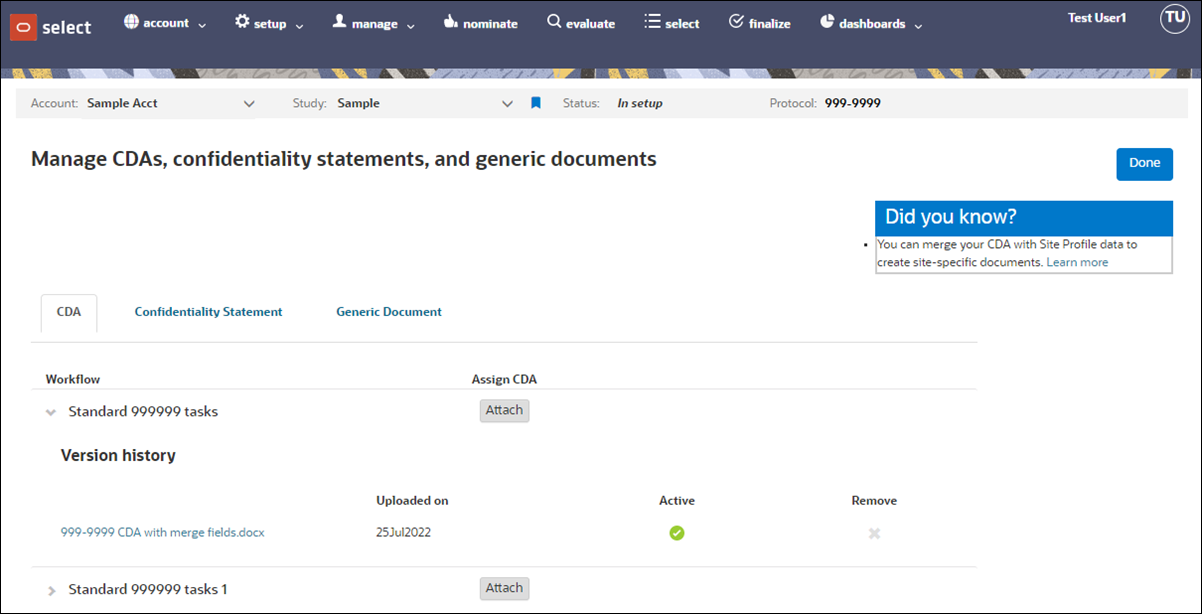 Add and remove CDAs, confidentiality statements, and generic documents