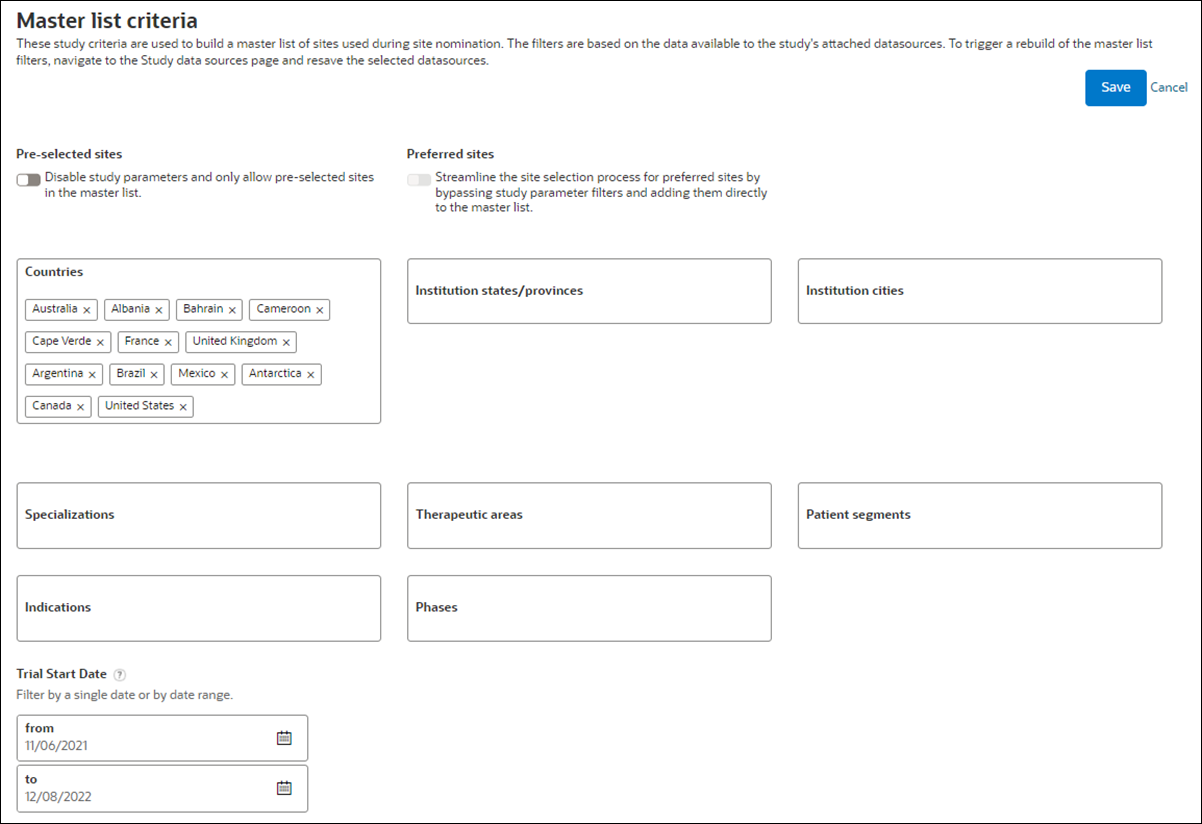 Sample Master list criteria page