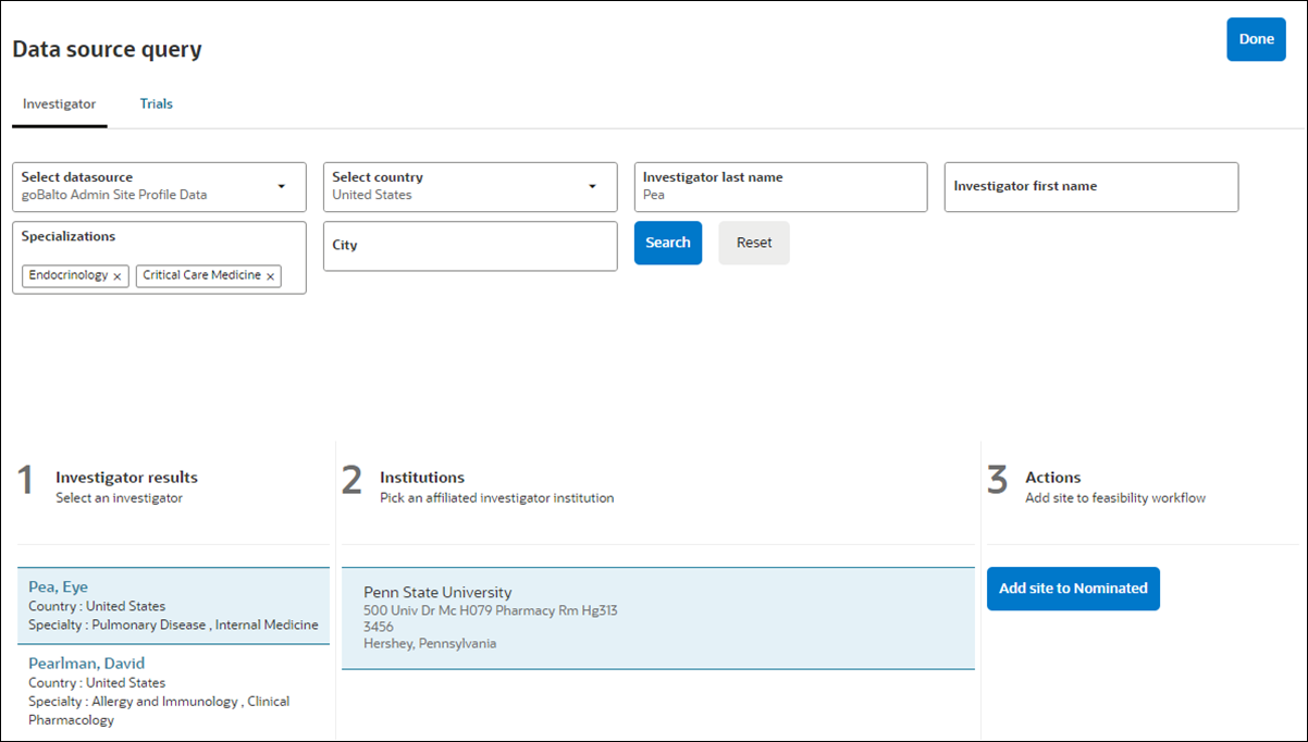 Search for Investigators or Trials on the Data source query page