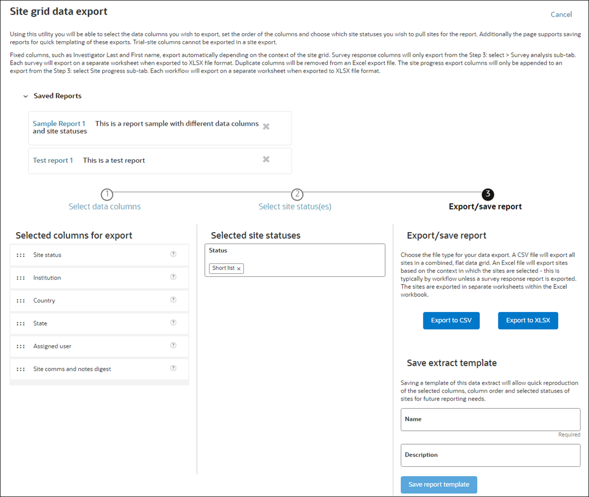 Site grid data export page Site grid data export page