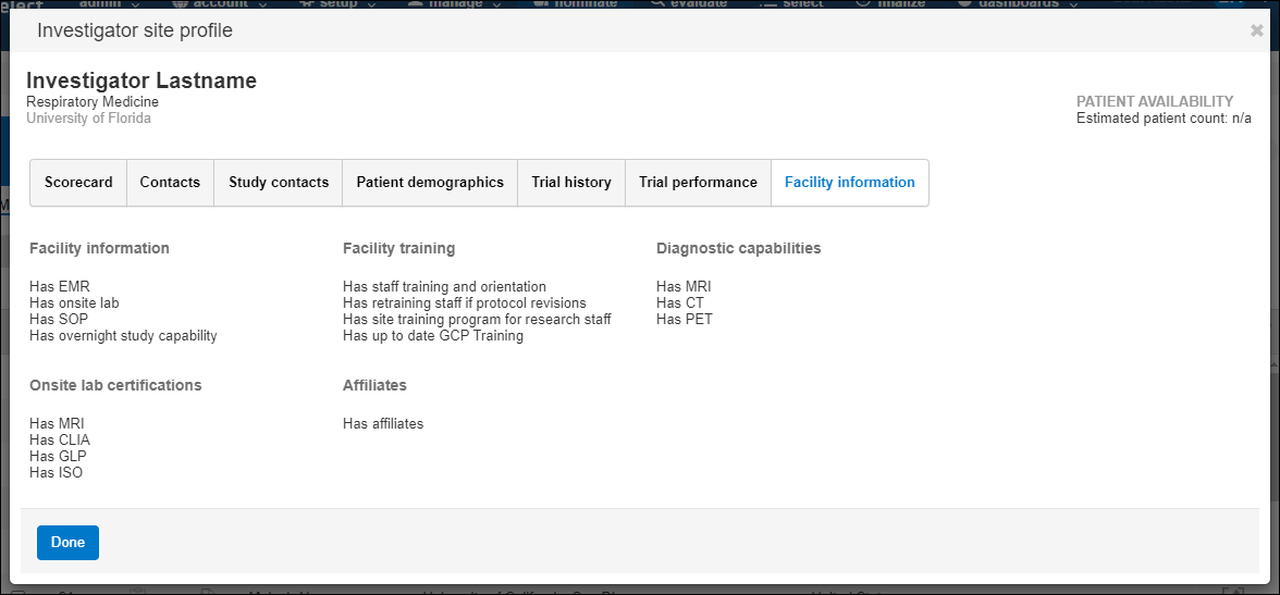 Site profile facility information tab