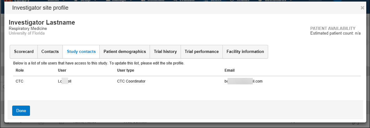 Site Profile Study contacts