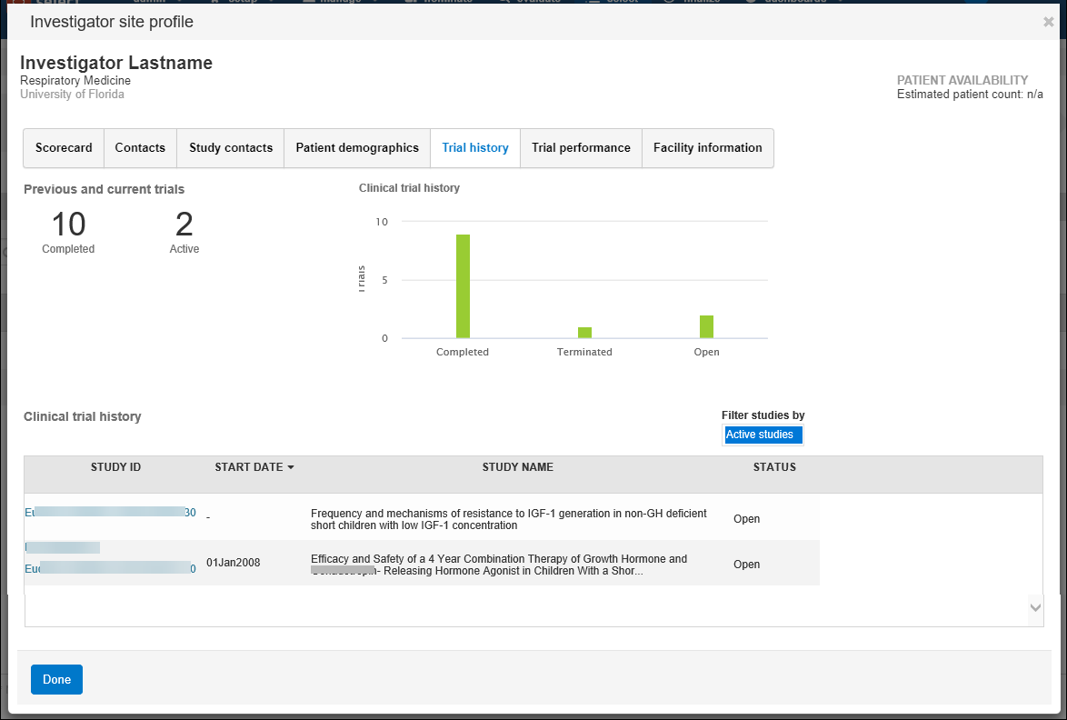 Site profile trial history tab