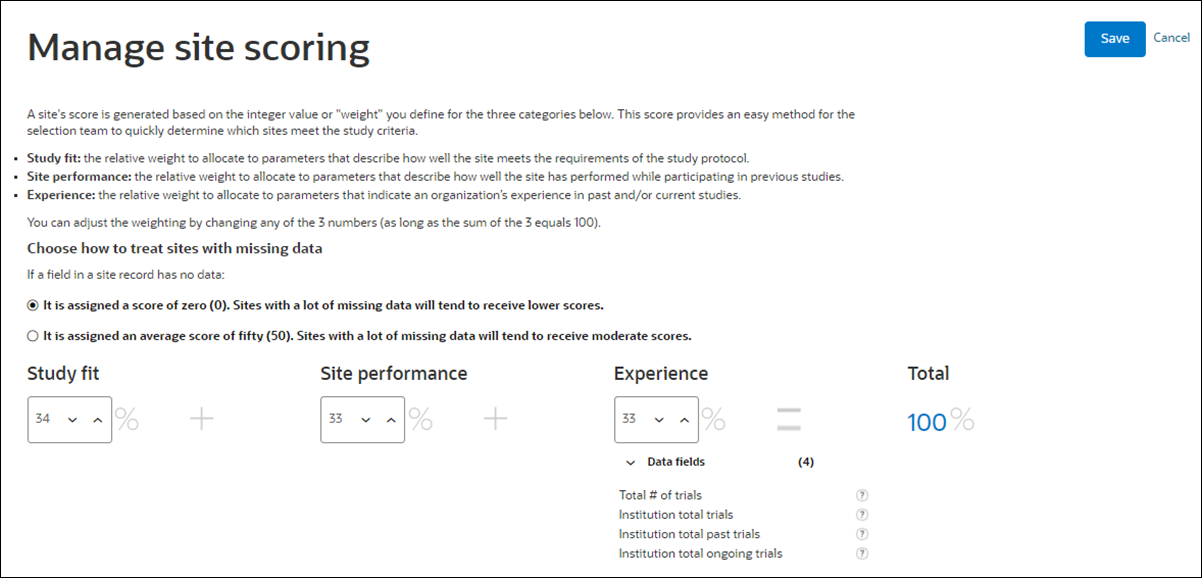 Managing site scoring parameters Managing site scoring parameters