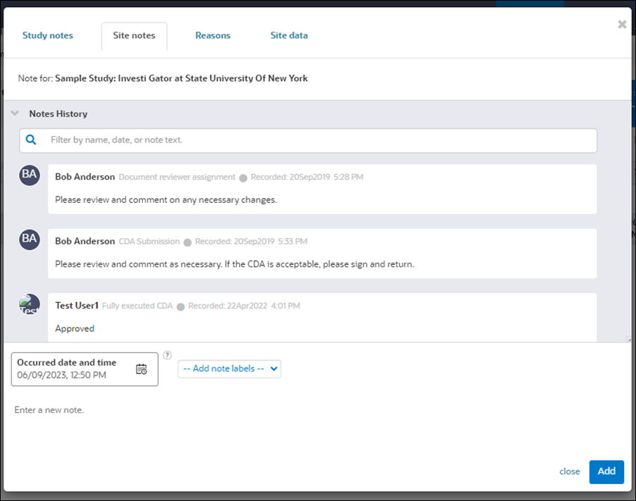 Notes modal showing Site notes tab Notes modal showing Site notes tab