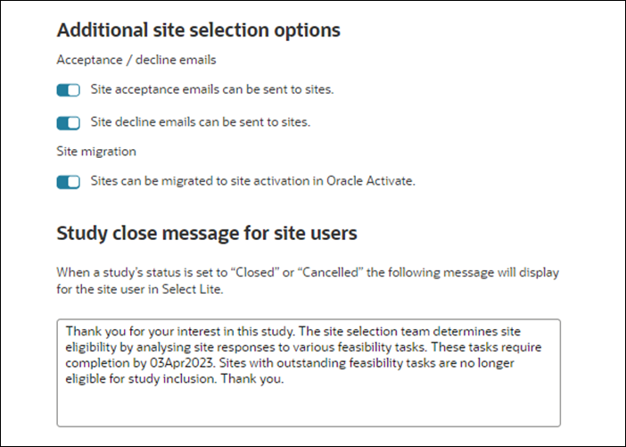 Study close message section on the Study details page