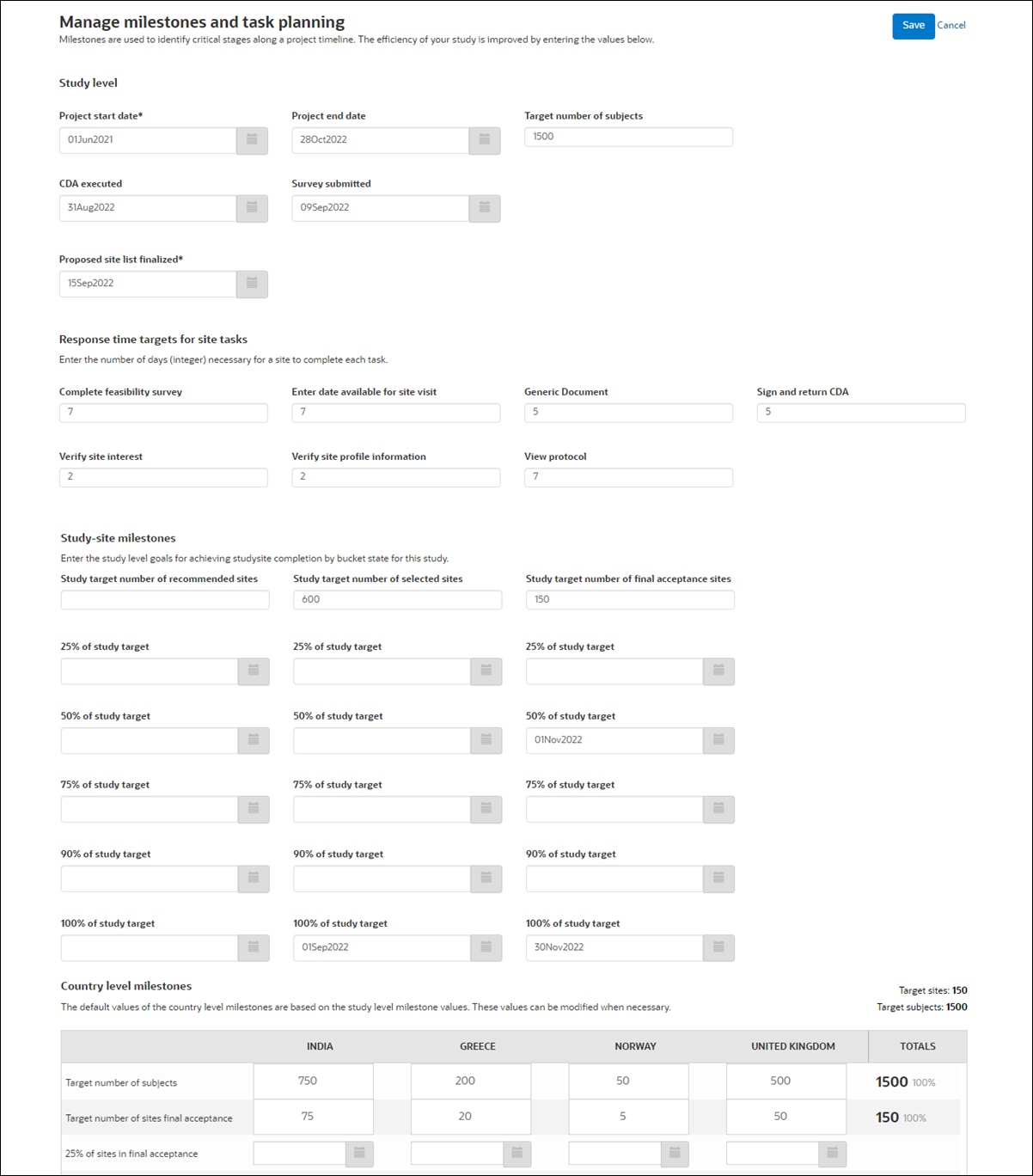 Study milestone setup page