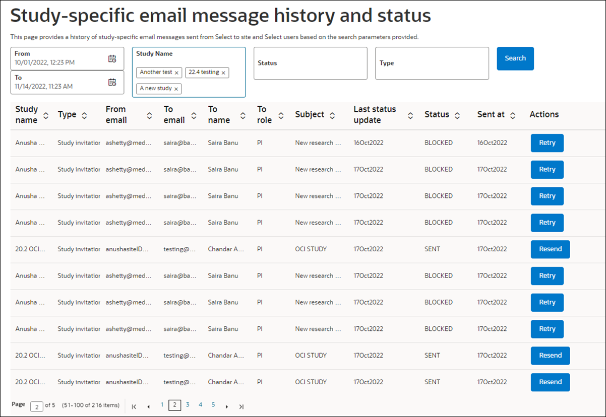 Study specific email history and status page displays a list of emails that match search criteria