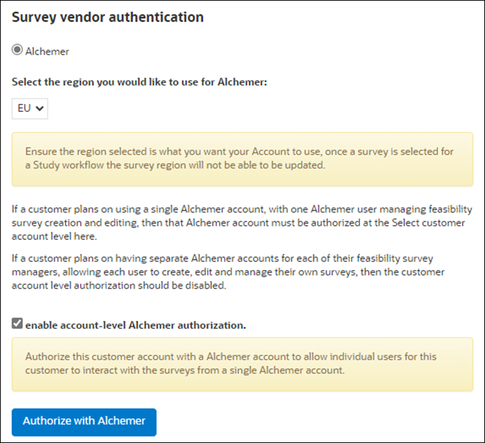 Survey vendor configuration showing Alchemer as vendor, EU as the region, and enabled account level authorization Survey vendor configuration showing Alchemer as vendor, EU as the region, and enabled account level authorization