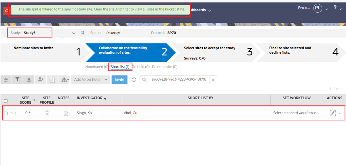 Oracle Site Activate user can see a chosen study site in study and site grid context in Oracle Site Select