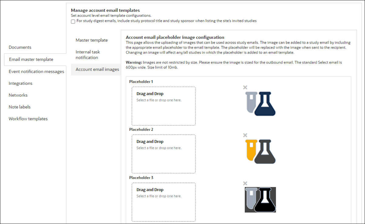 Configure account level image placeholders on the Account email template configuration page Configure account level image placeholders on the Account email template configuration page
