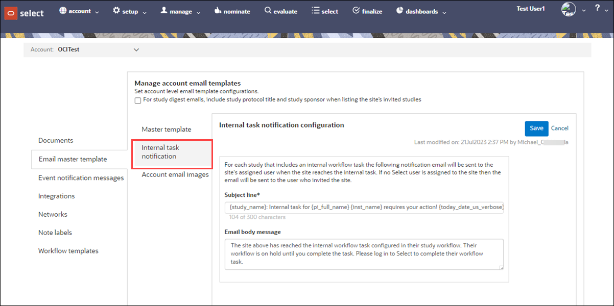 Account Email master template page with Internal task notification template Account Email master template page with Internal task notification template