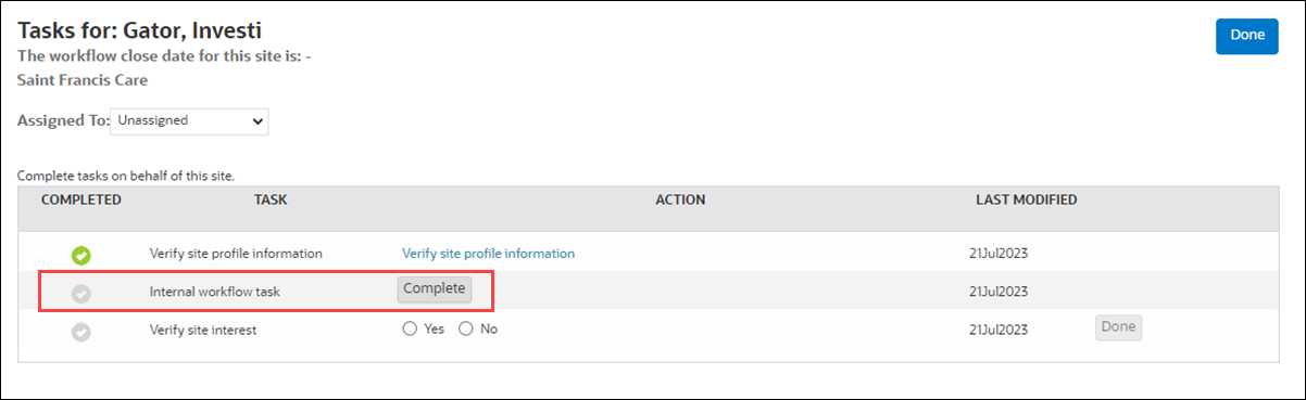 Complete task on behalf of site showing Internal workflow task with Complete button Complete task on behalf of site showing Internal workflow task with Complete button