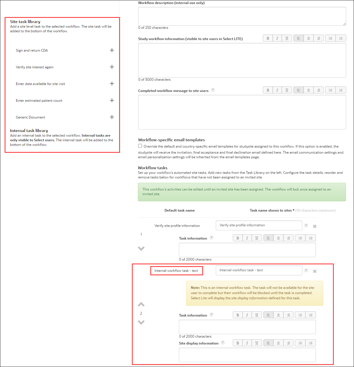 Site workflow configuration page with new Internal task library section and task inserted into workflow Site workflow configuration page with new Internal task library section and task inserted into workflow