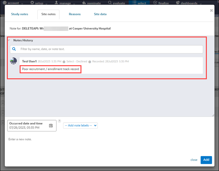 Site notes tab with selected exclusion or disinterest reason along with additional user, bucket state, and datetime details Site notes tab with selected exclusion or disinterest reason along with additional user, bucket state, and datetime details