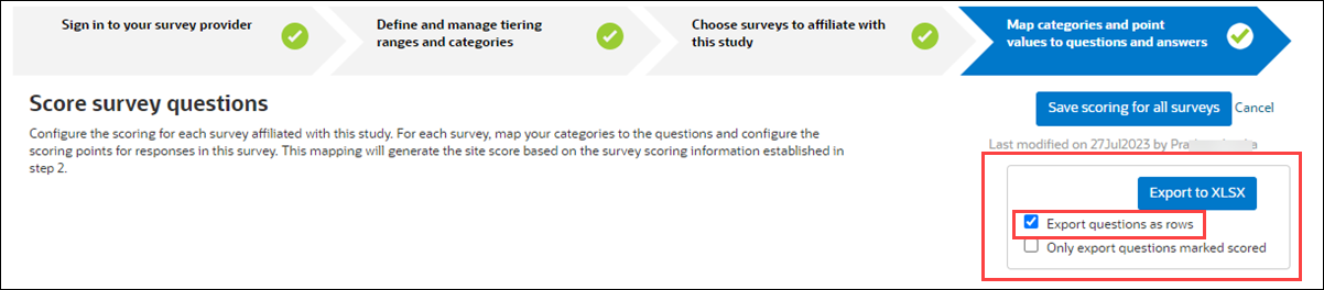 Export questions as rows check box Export questions as rows check box
