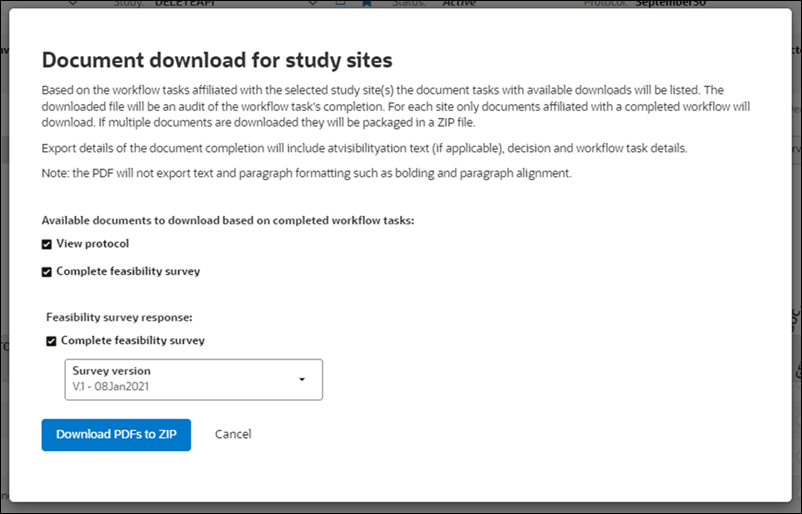 Site document download modal with additional audit and feasibility survey response download option Site document download modal with additional audit and feasibility survey response download option