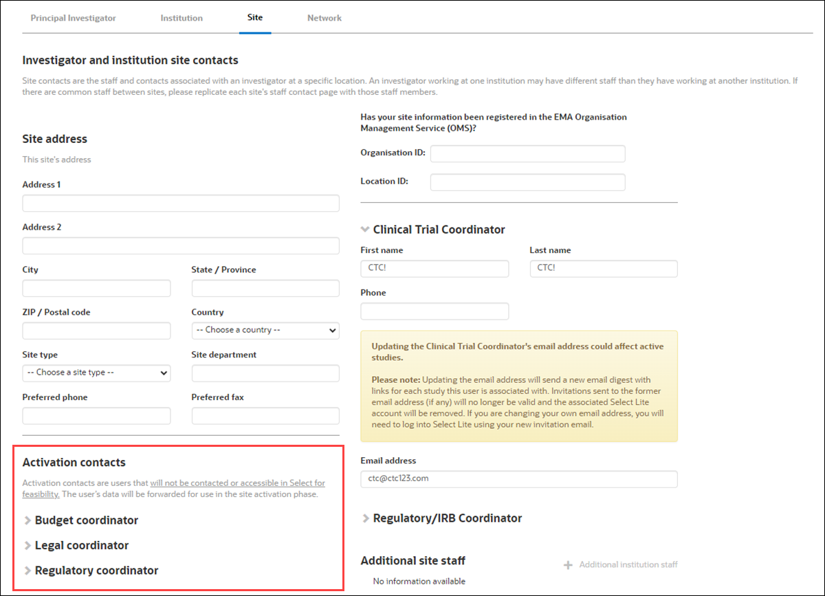 Site contacts subtab displays the new Activation Contacts section Site contacts subtab displays the new Activation Contacts section