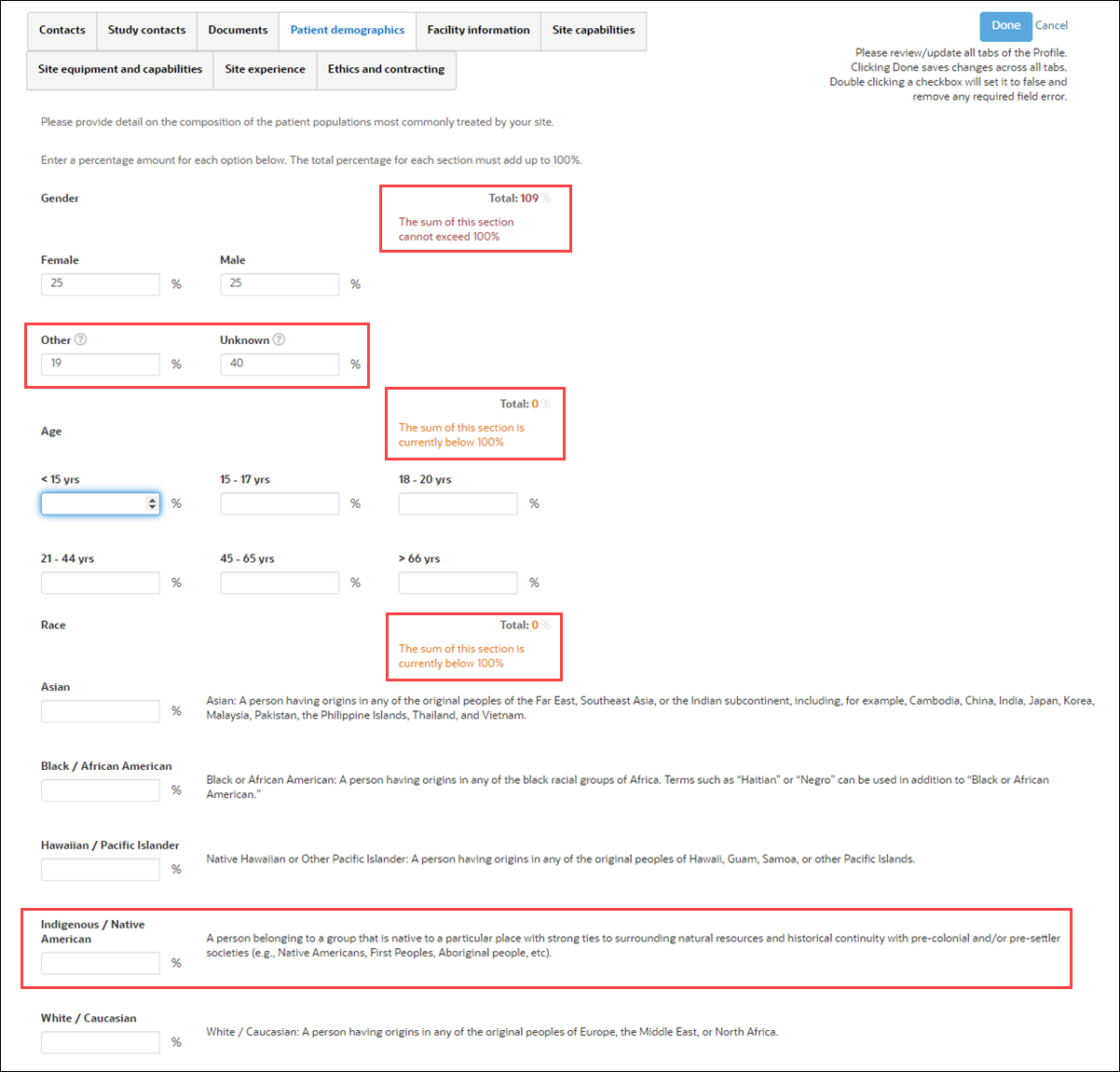 Patient demographics tab with input validation feedback, new gender fields, and relabeled Indigenous / Native American input in the Race section. Patient demographics tab with input validation feedback, new gender fields, and relabeled Indigenous / Native American input in the Race section.