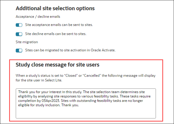 Study details page with new Study close message for site users section Study details page with new Study close message for site users section