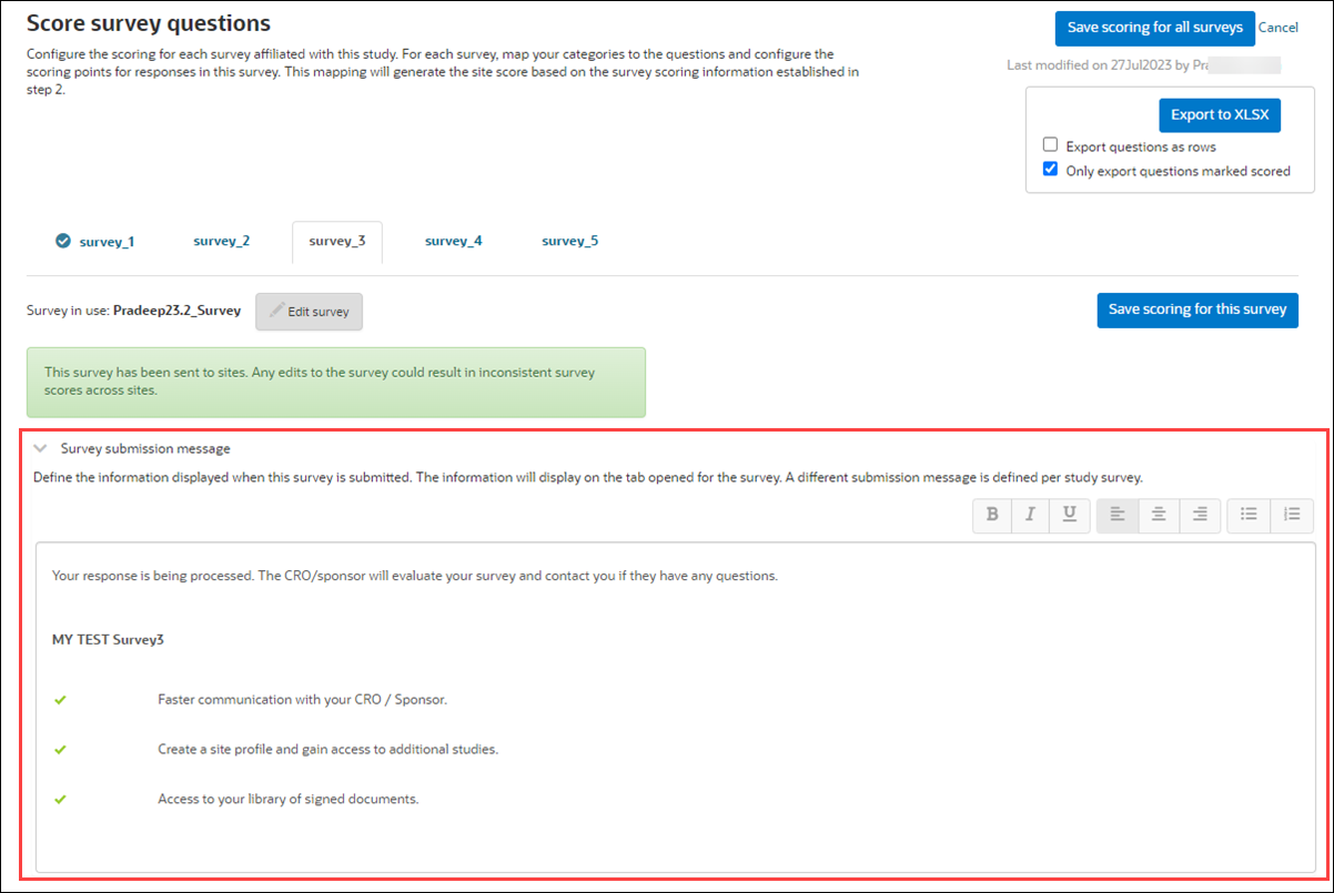 Survey submission message text input field Survey submission message text input field