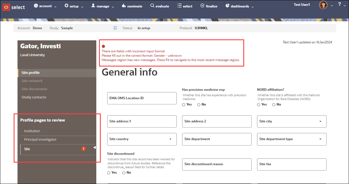 Example configurable site profile showing top of page error text and an alert icon in the left navigation
