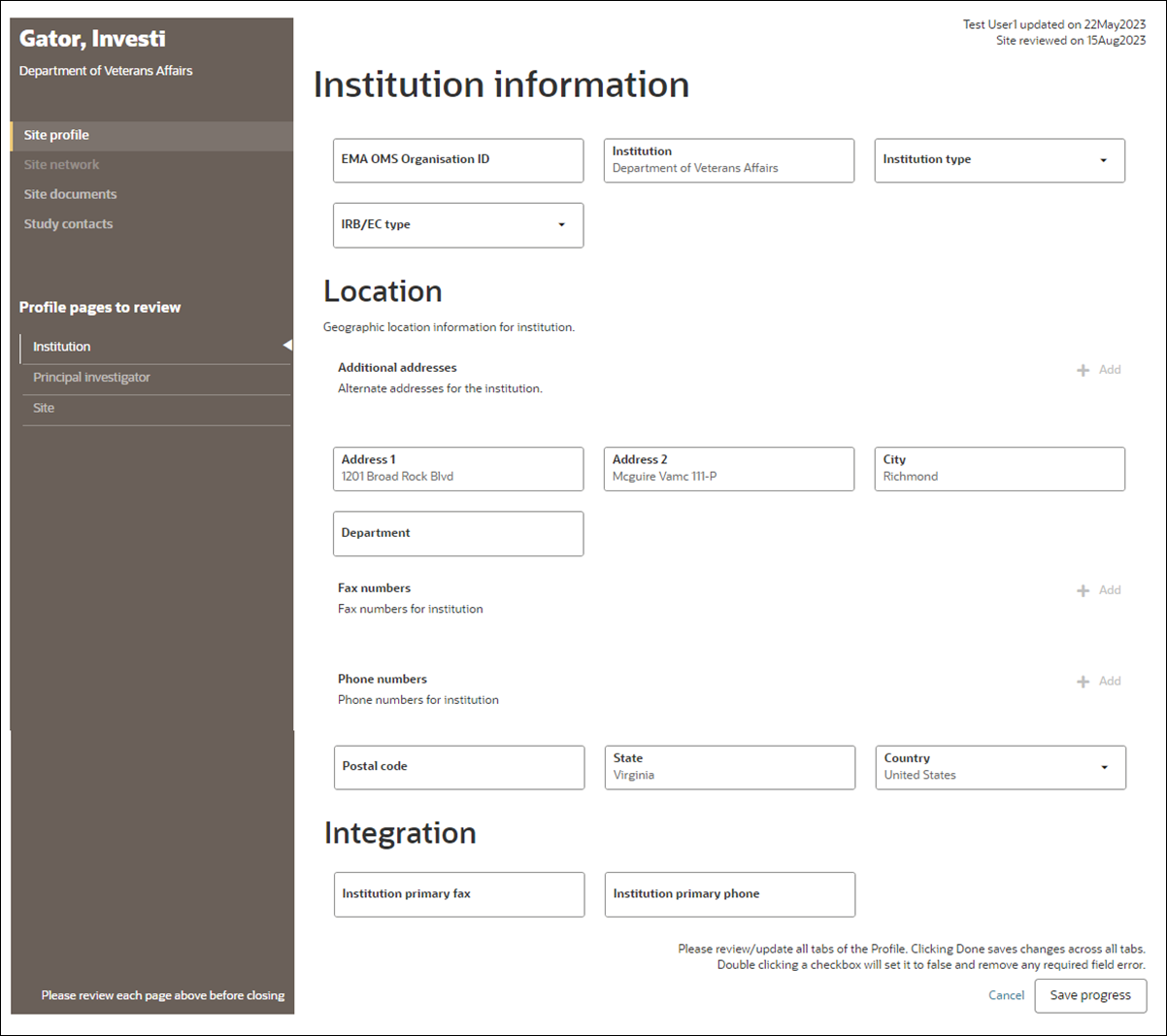 Configurable site profile Institution tab showing additional section navigation options in the left panel Configurable site profile Institution tab showing additional section navigation options in the left panel