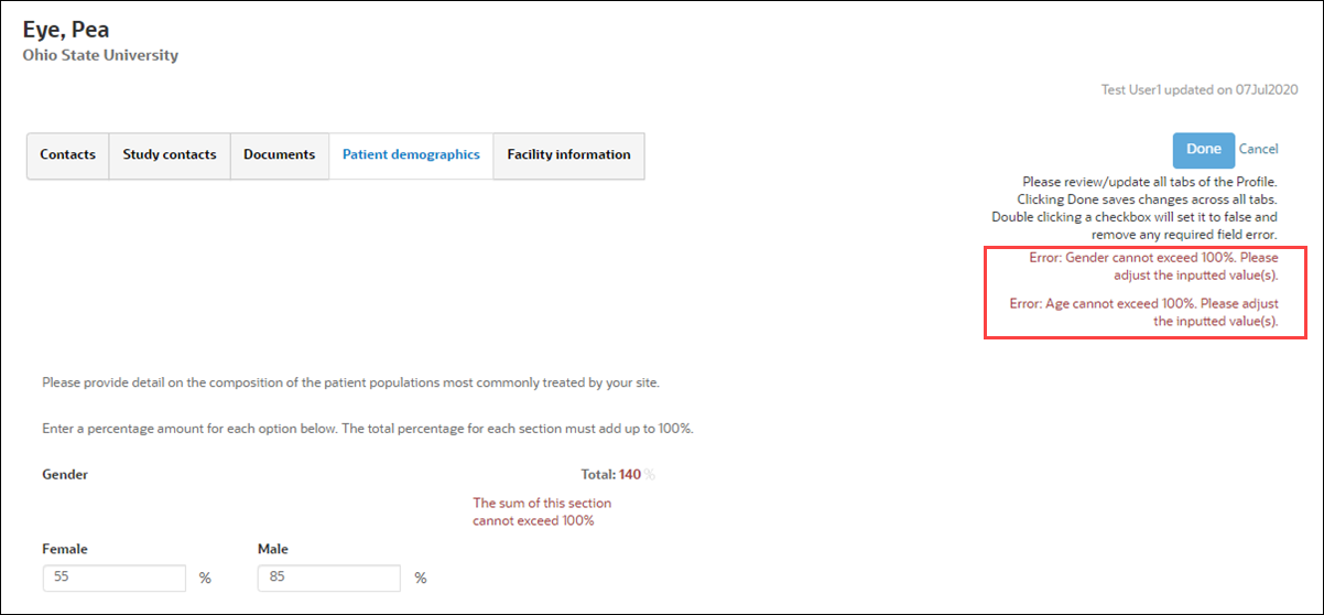 Demographic section total validation errors displayed below the Done button. Demographic section total validation errors displayed below the Done button.