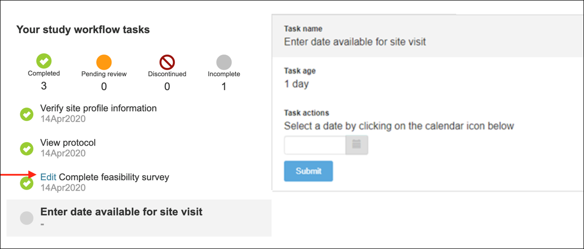 Completed feasibility survey task displays an Edit link that users can click if they need to change a survey's answers