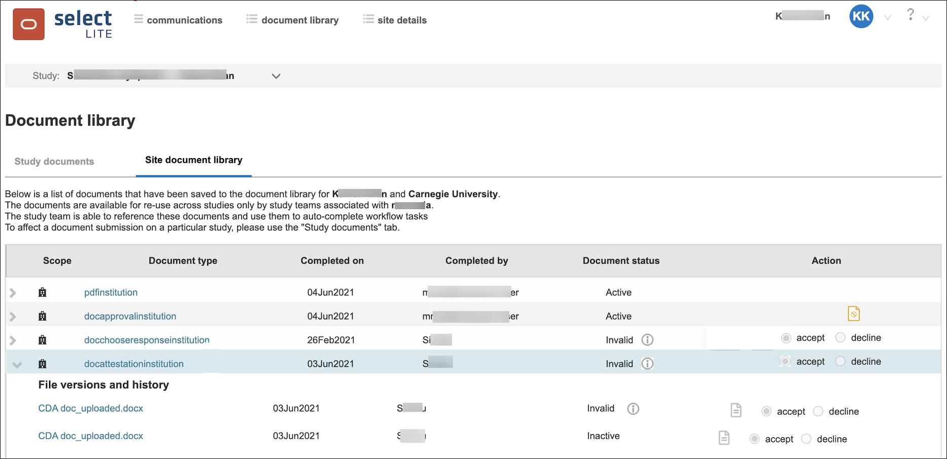 Select LITE document library showing the Site document library subtab