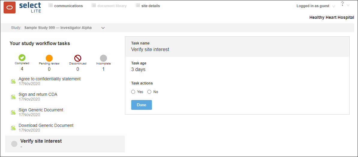 Oracle Site Select LITE home page showing auto-completed document workflow tasks