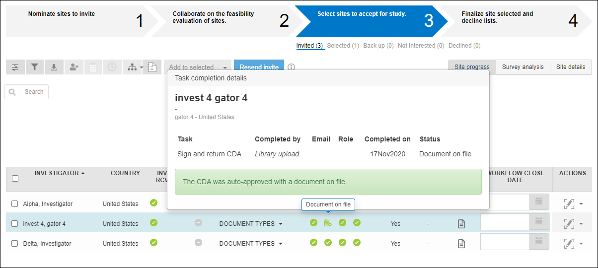 Site Progress tab showing completed and document on file icons and updated popover