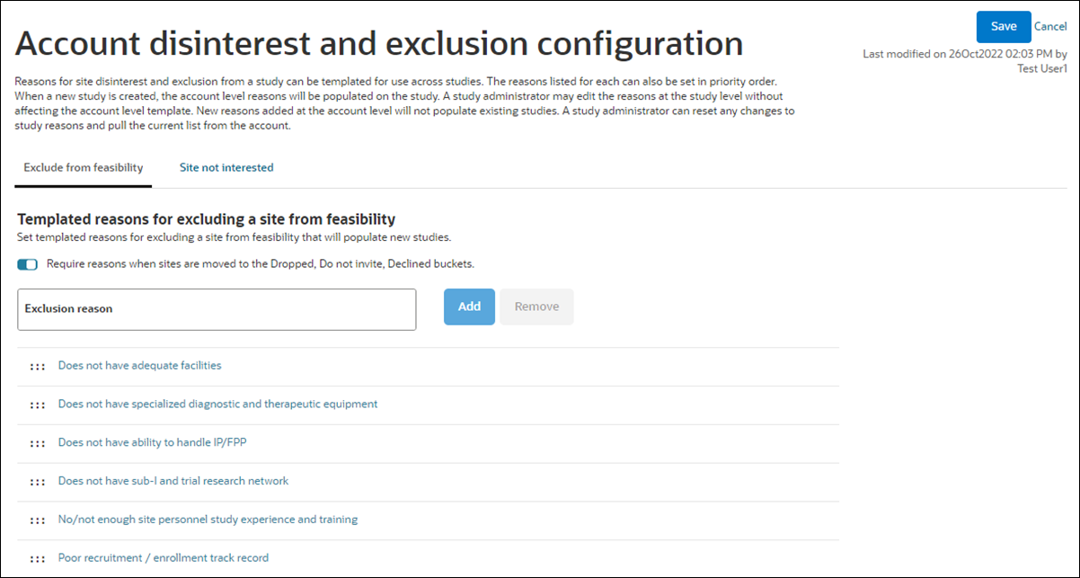 Account disinterest and exclusion configuration page