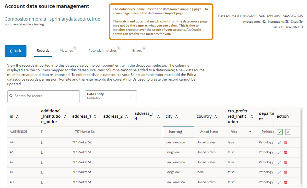 Account data source management page with a data table showing one field in edit mode