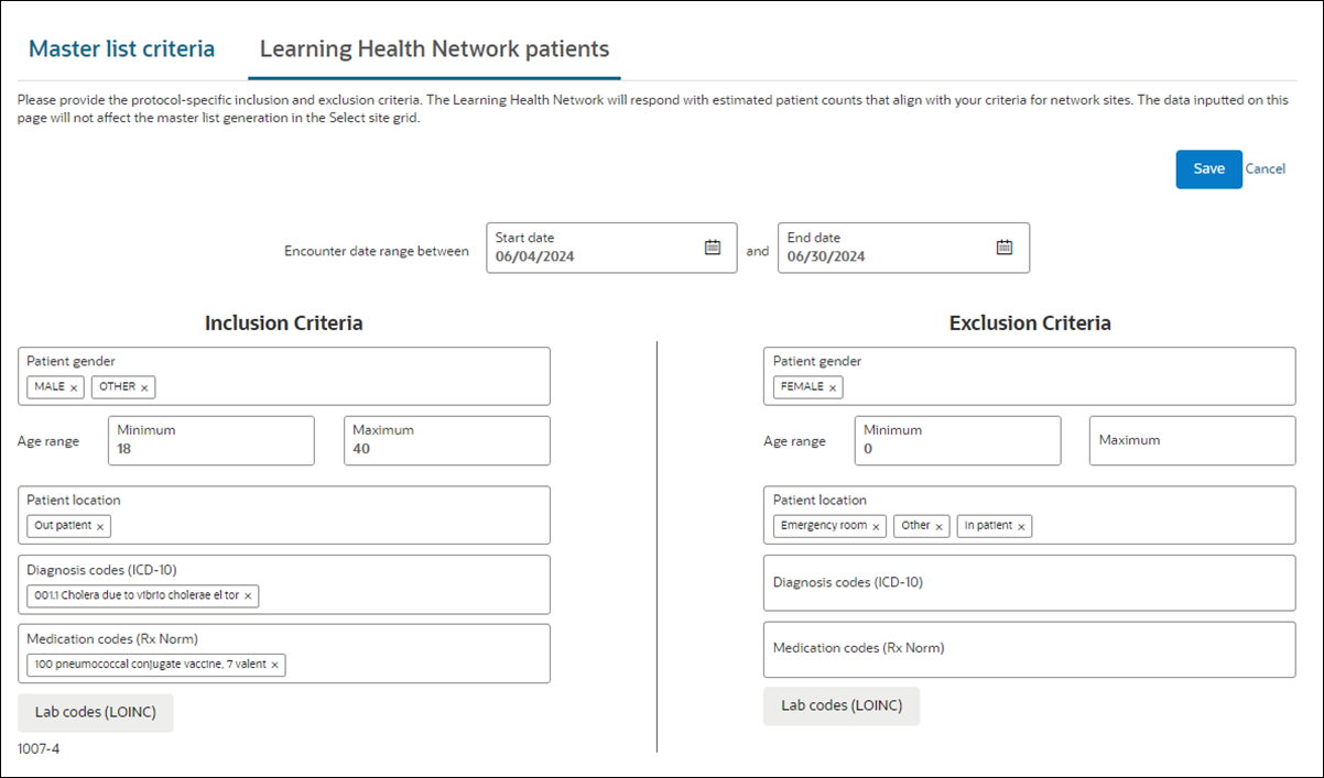 Learning Health Network patient inclusion and exclusion criteria settings
