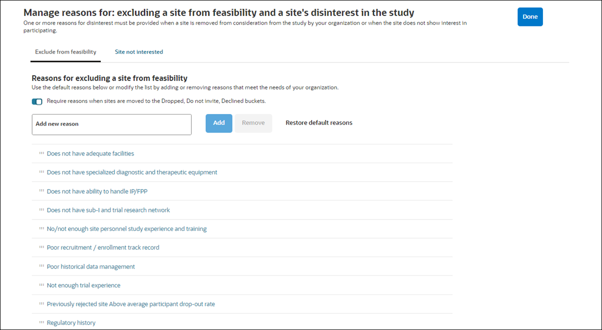 Manage reasons for excluding a site from feasibility