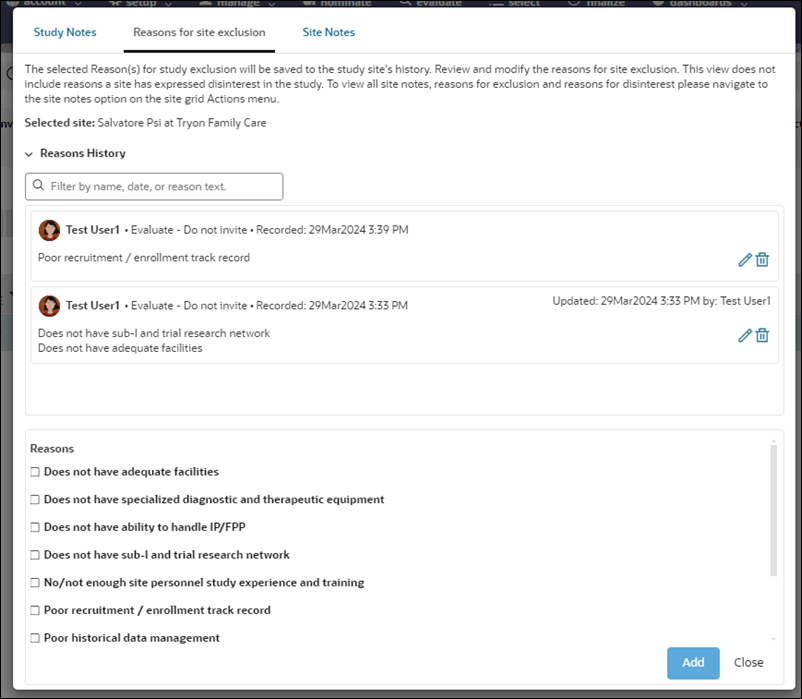 Reasons for site exclusion site note tab showing note history and edit and delete options Reasons for site exclusion site note tab showing note history and edit and delete options